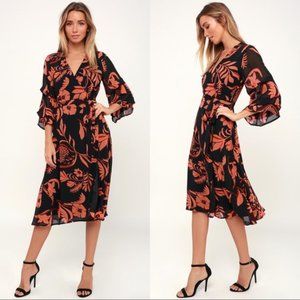 Orange and Black Floral Chiffon Wrap Dress